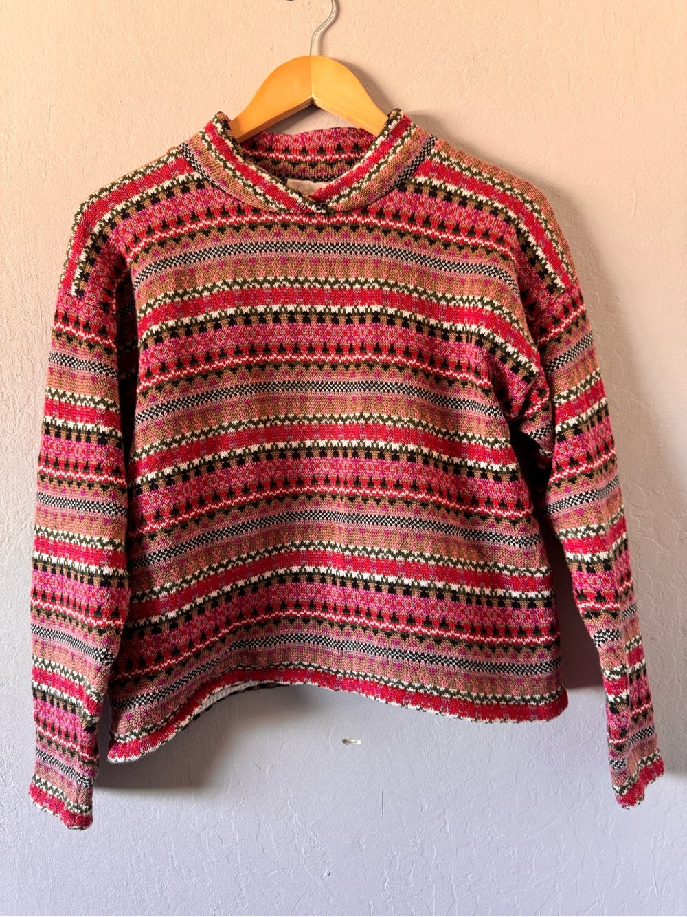 Leoniak Vintage Women’s Pink Fair Isle Patterned Cotton Knit Sweater Small